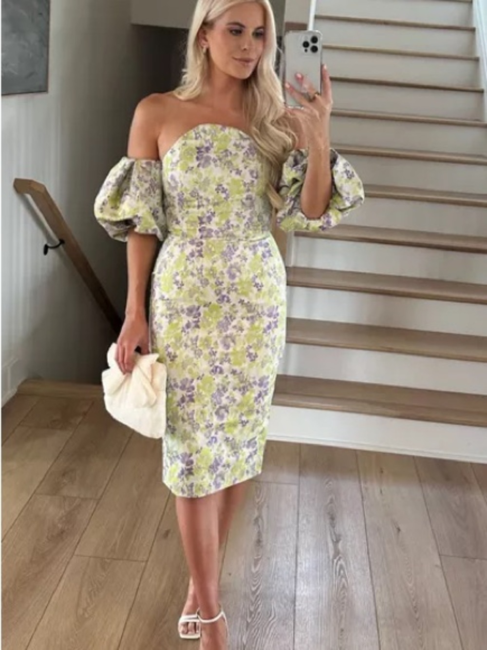 Lavish Alice Yellow & Lavender Strapless Puff Sleeve Sheath Dress